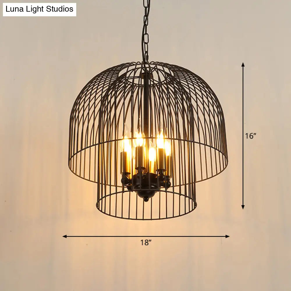 Traditional Black 6-Light Chandelier Pendant Lamp - Metal Wire Cage Fixture For Living Room