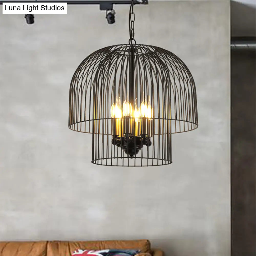 Traditional Black 6-Light Chandelier Pendant Lamp - Metal Wire Cage Fixture For Living Room