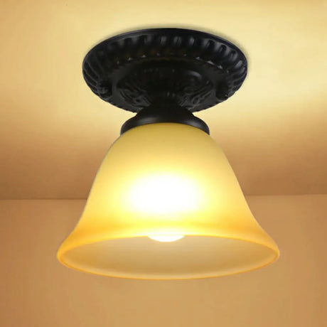 Traditional Black Bell Semi Flush Ceiling Light Fixture With Frosted Glass - 1 - Light / E