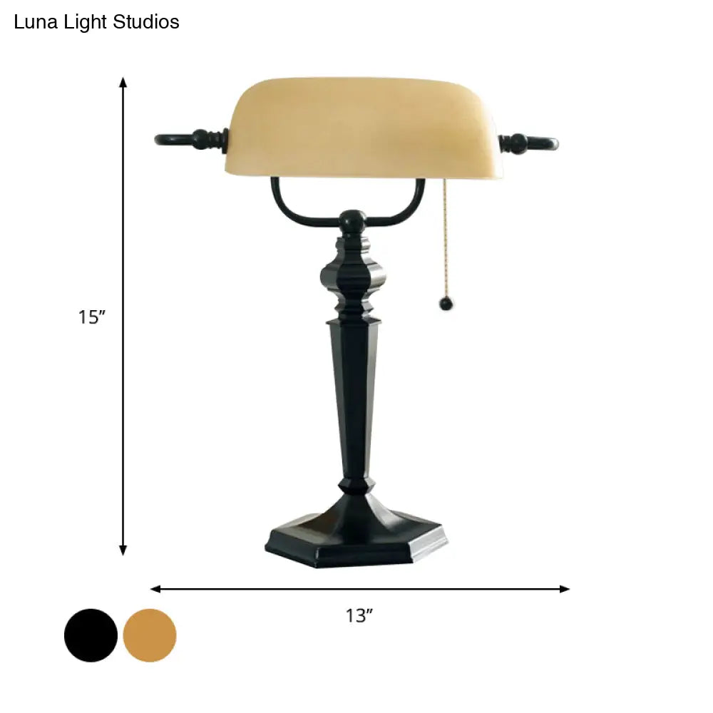 Traditional Black/Brass Finish Metal Desk Lamp With Pull Chain 1 Light Tan Glass Shade