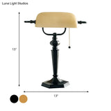 Traditional Black/Brass Finish Metal Desk Lamp With Pull Chain 1 Light Tan Glass Shade