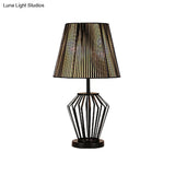 Traditional Black Bucket Table Lamp For Bedroom Nightstand - Single Head Fabric Shade With Wire Cage