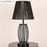 Traditional Black Bucket Table Lamp For Bedroom Nightstand - Single Head Fabric Shade With Wire Cage