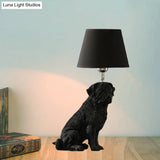 Traditional Black Drum Nightstand Lamp: Fabric Table Light With Resin Dog Base