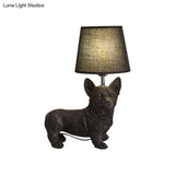 Traditional Black Drum Nightstand Lamp: Fabric Table Light With Resin Dog Base