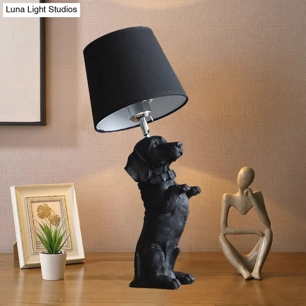 Traditional Black Drum Nightstand Lamp: Fabric Table Light With Resin Dog Base