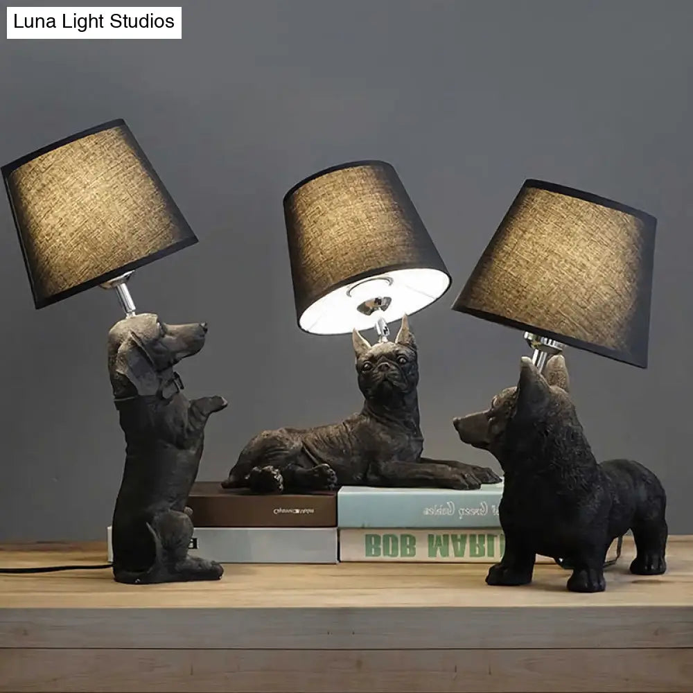 Traditional Black Drum Nightstand Lamp: Fabric Table Light With Resin Dog Base
