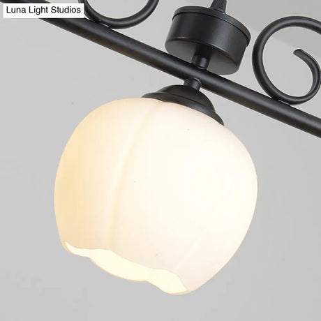 Traditional Black Flower Island Lighting Fixture With Milky Glass - 3 Bulbs Dining Room Pendant