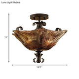 Traditional Black Flower Semi Flush Light With Amber Glass And 3 Lights - Perfect For Living Room