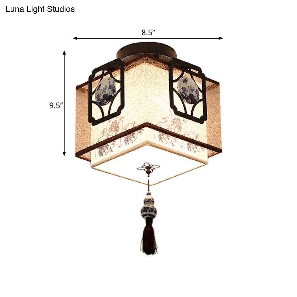 Traditional Black Flush Mount Ceiling Light With Square Fabric Shade