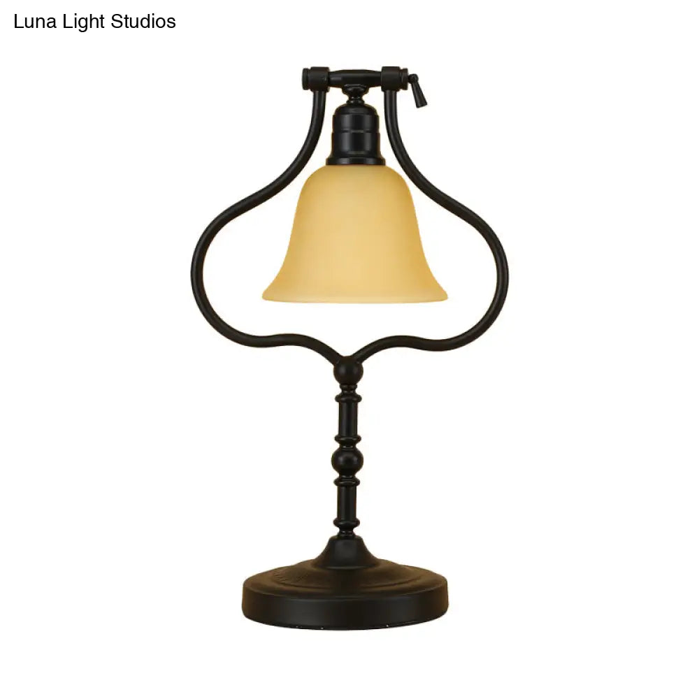 Traditional Black Iron Frame Table Light With Rotating Pear Base Flared Glass Shade - Perfect For
