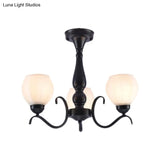 Traditional Black Semi Flush Ceiling Light With White Glass Shades - 3/5/6 Lights