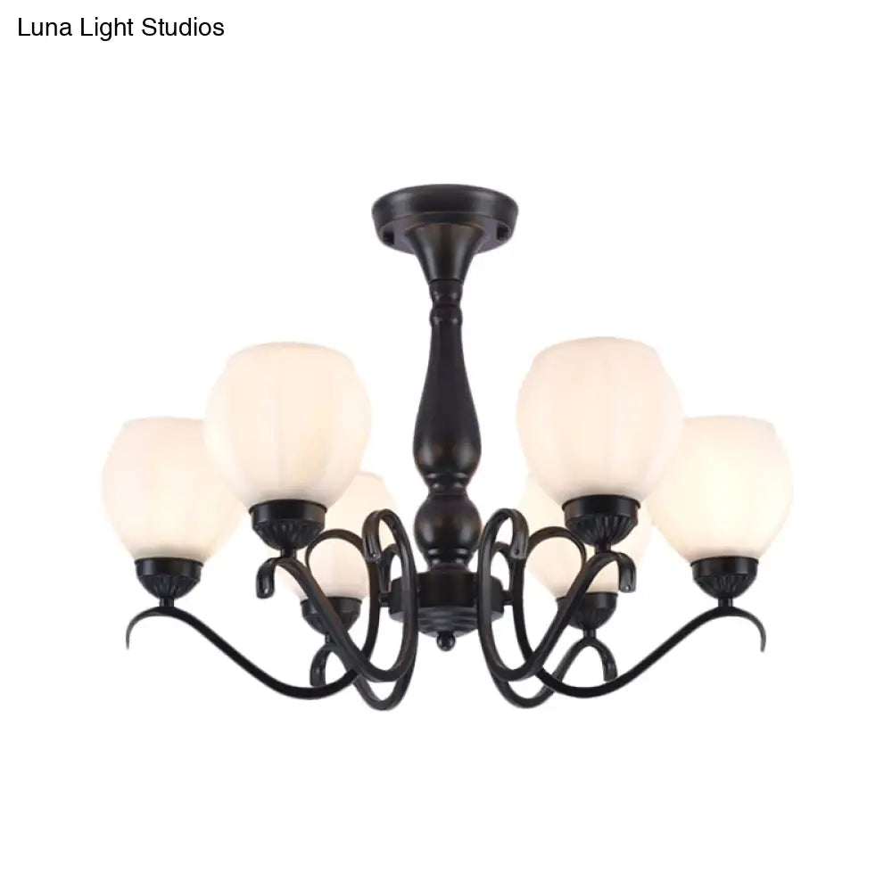 Traditional Black Semi Flush Ceiling Light With White Glass Shades - 3/5/6 Lights