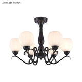 Traditional Black Semi Flush Ceiling Light With White Glass Shades - 3/5/6 Lights