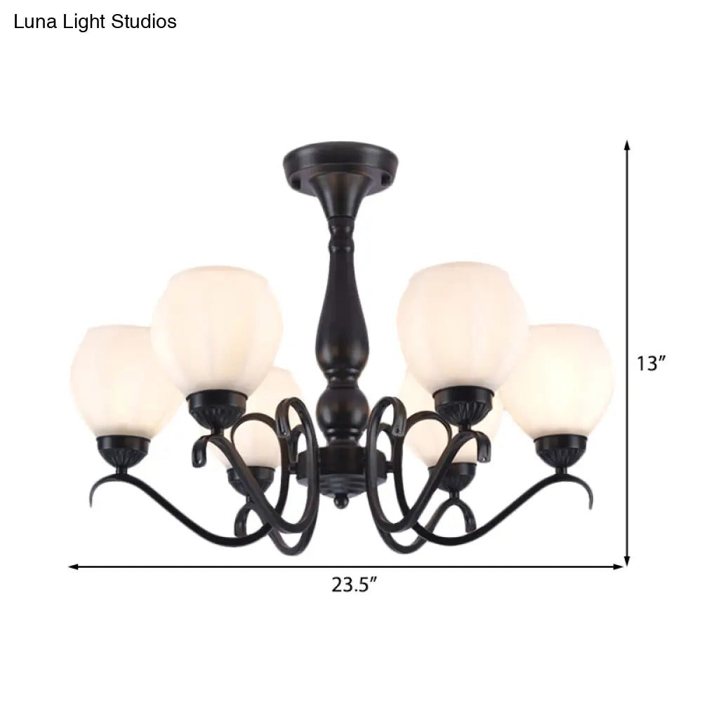 Traditional Black Semi Flush Ceiling Light With White Glass Shades - 3/5/6 Lights