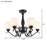 Traditional Black Semi Flush Ceiling Light With White Glass Shades - 3/5/6 Lights