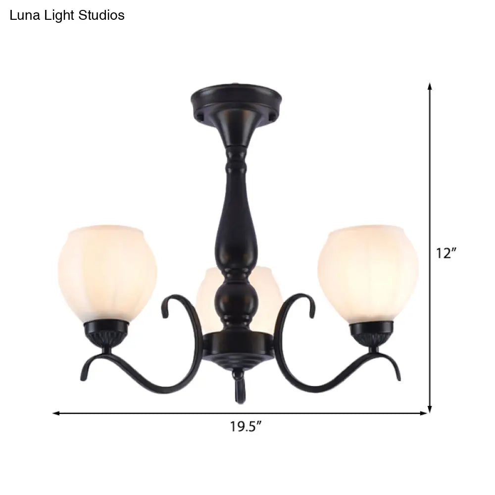 Traditional Black Semi Flush Ceiling Light With White Glass Shades - 3/5/6 Lights