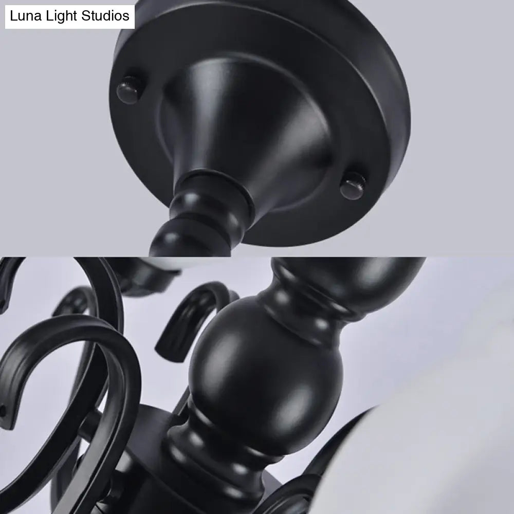 Traditional Black Semi Flush Ceiling Light With White Glass Shades - 3/5/6 Lights