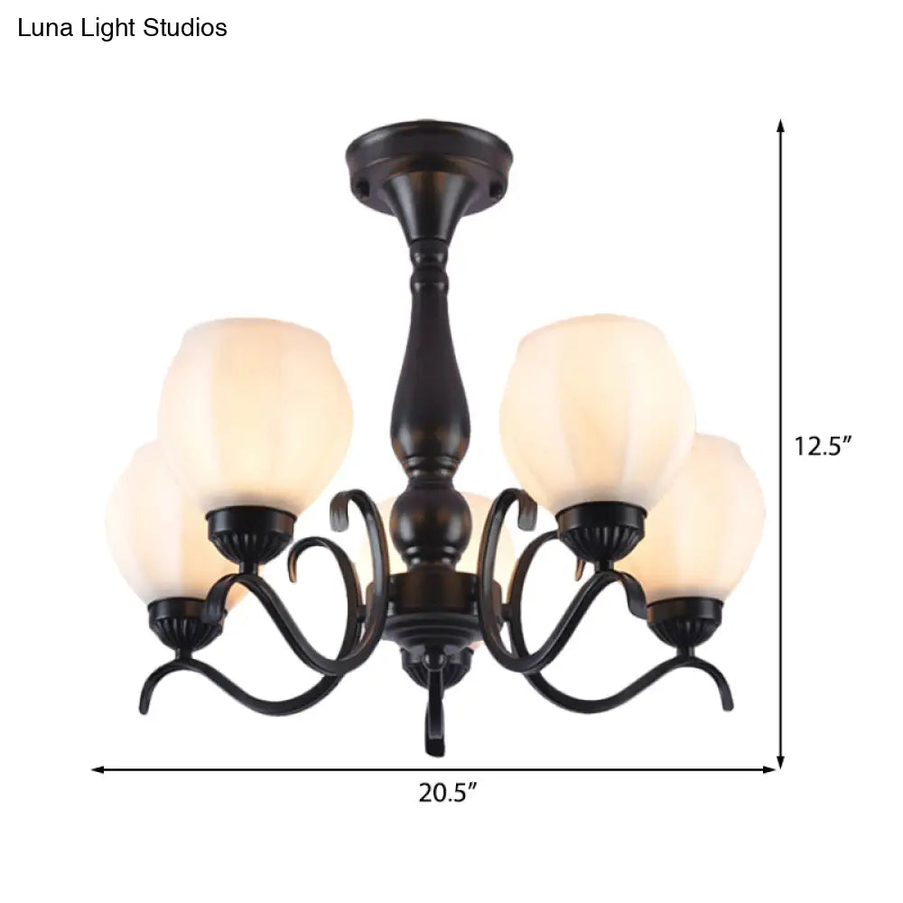 Traditional Black Semi Flush Ceiling Light With White Glass Shades - 3/5/6 Lights