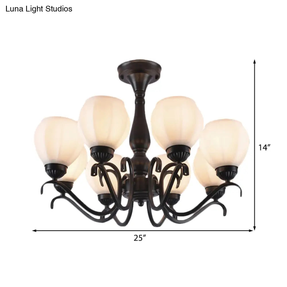 Traditional Black Semi Flush Ceiling Light With White Glass Shades - 3/5/6 Lights
