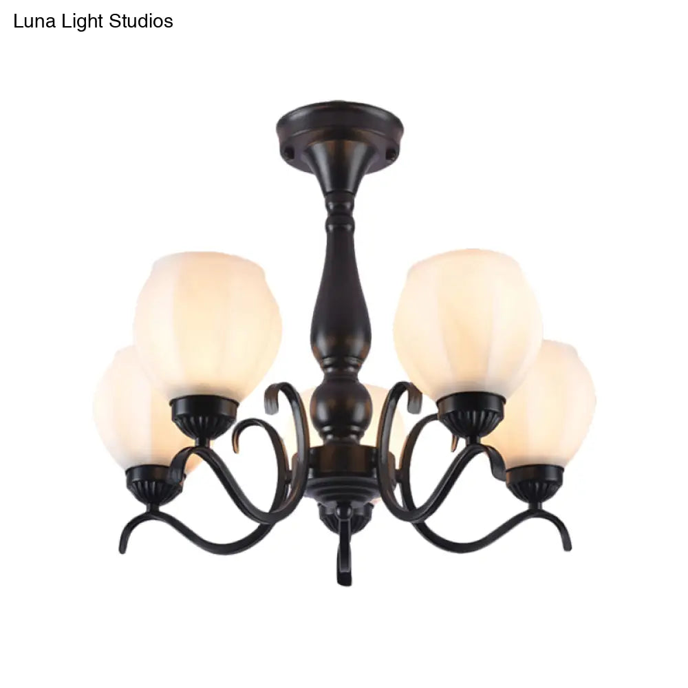 Traditional Black Semi Flush Ceiling Light With White Glass Shades - 3/5/6 Lights