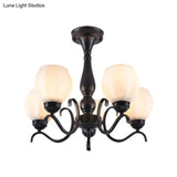 Traditional Black Semi Flush Ceiling Light With White Glass Shades - 3/5/6 Lights