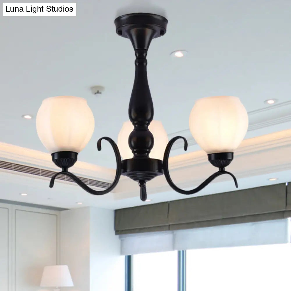 Traditional Black Semi Flush Ceiling Light With White Glass Shades - 3/5/6 Lights