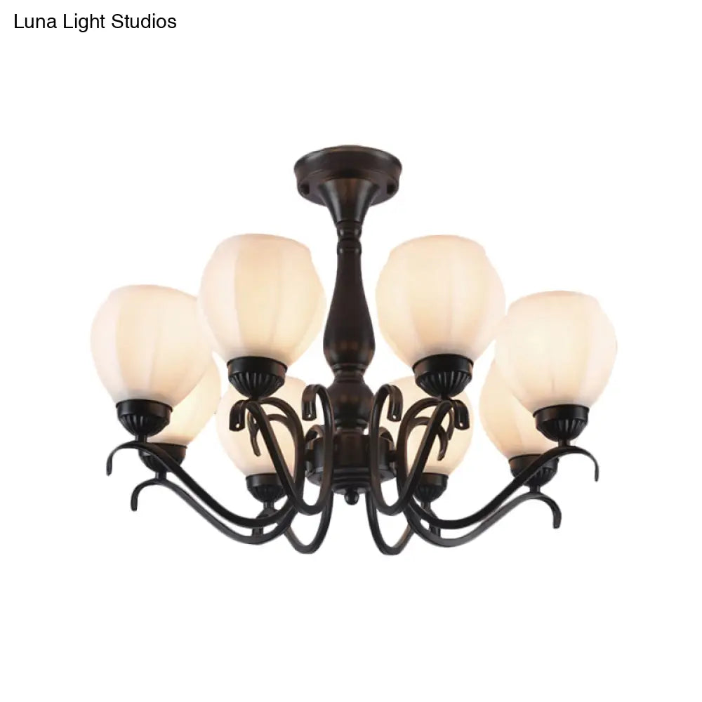 Traditional Black Semi Flush Ceiling Light With White Glass Shades - 3/5/6 Lights