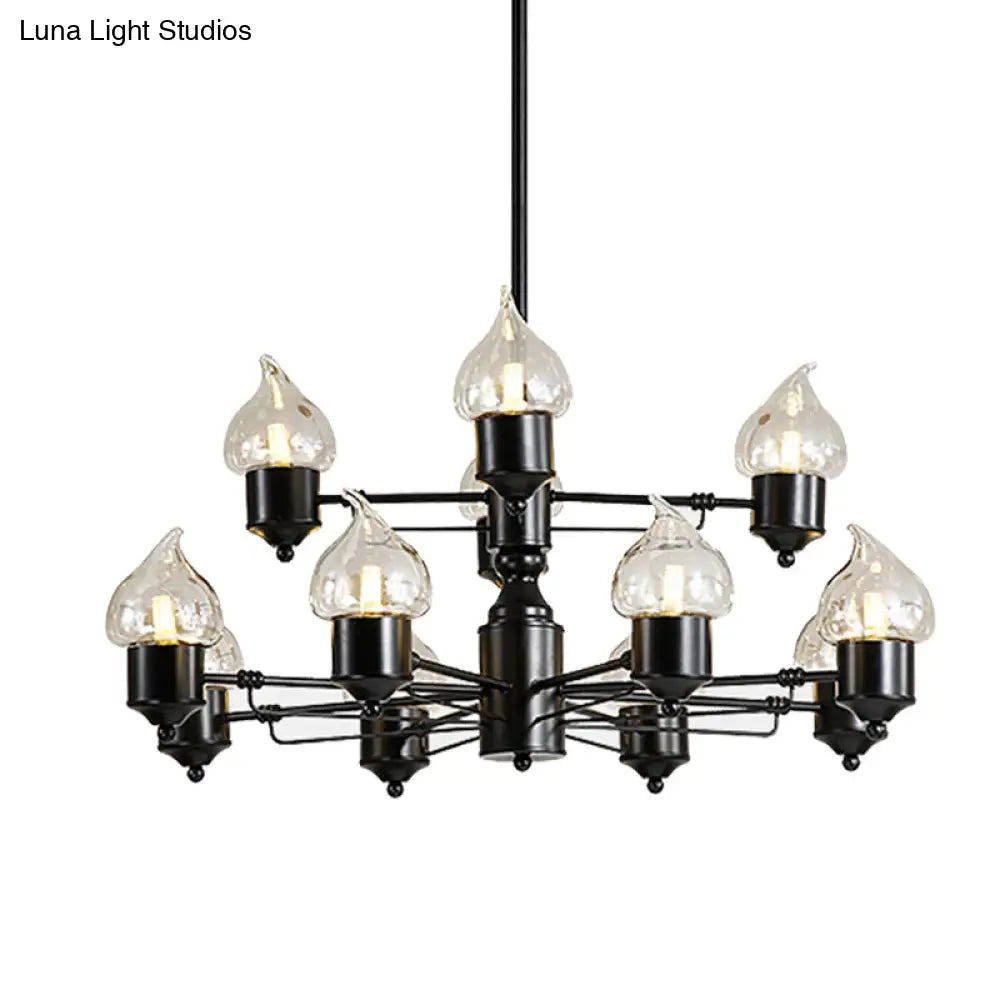 Traditional Black Two-Tiered Pendant Chandelier With 12 Candle Shades - Metal Hanging Fixture For