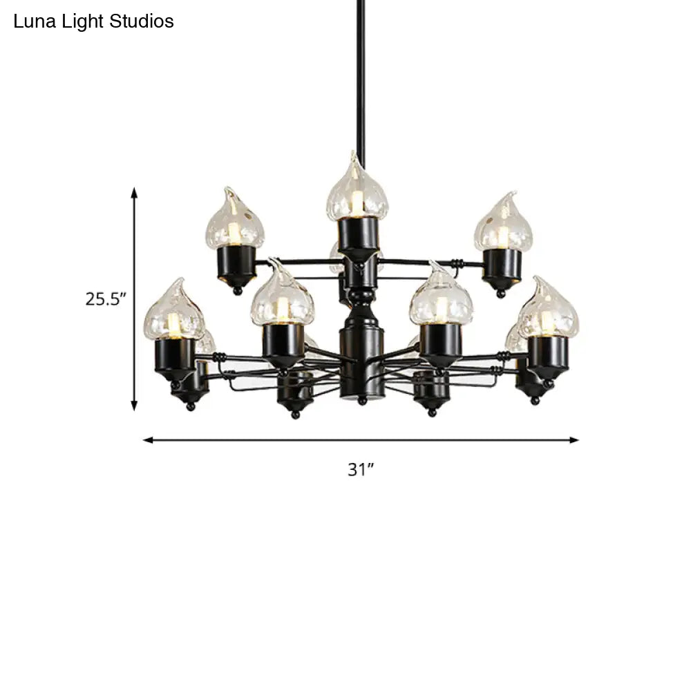 Traditional Black Two-Tiered Pendant Chandelier With 12 Candle Shades - Metal Hanging Fixture For