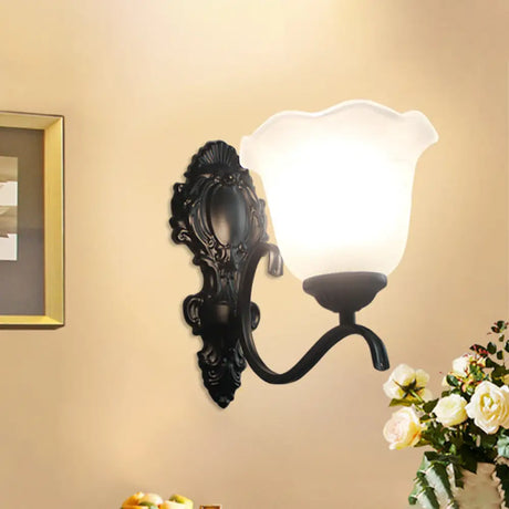 Traditional Black Wall Mount Light With Cream Glass Flared Shape Fixture For Living Room 1 / A