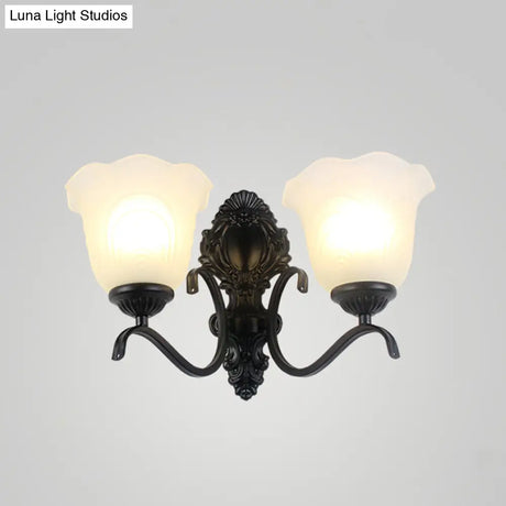 Traditional Black Wall Mount Light With Cream Glass Flared Shape Fixture For Living Room