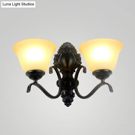 Traditional Black Wall Mount Light With Cream Glass Flared Shape Fixture For Living Room