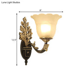 Traditional Blossom Frosted Glass Wall Sconce With Curvy Arm In Black For Hallway Lighting