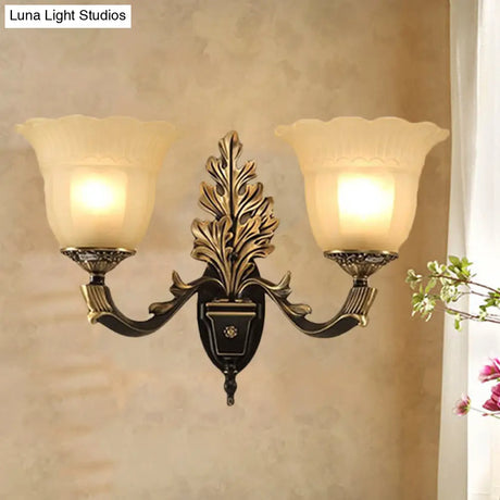 Traditional Blossom Frosted Glass Wall Sconce With Curvy Arm In Black For Hallway Lighting