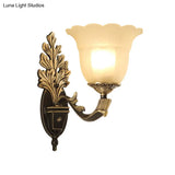 Traditional Blossom Frosted Glass Wall Sconce With Curvy Arm In Black For Hallway Lighting