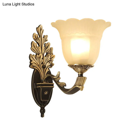 Traditional Blossom Frosted Glass Wall Sconce With Curvy Arm In Black For Hallway Lighting