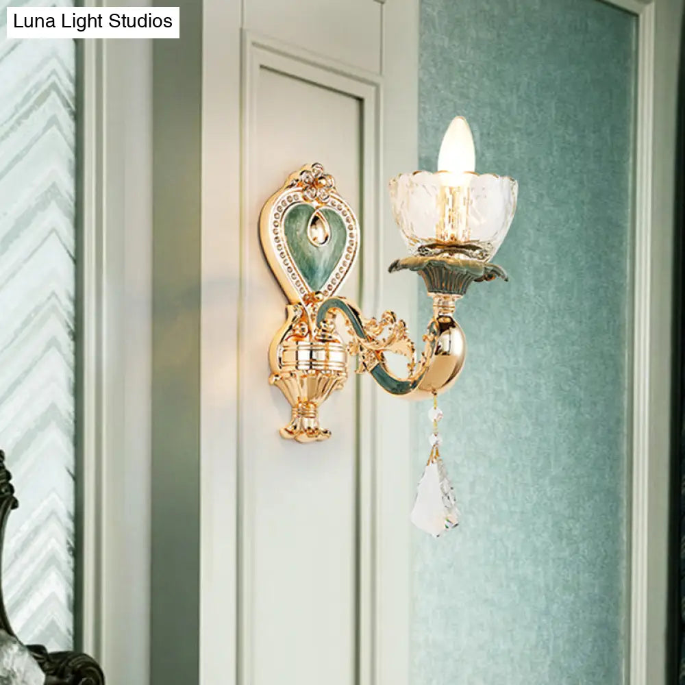 Traditional Blue And Gold Crystal Sconce Wall Light With Curved Arm