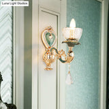 Traditional Blue And Gold Crystal Sconce Wall Light With Curved Arm