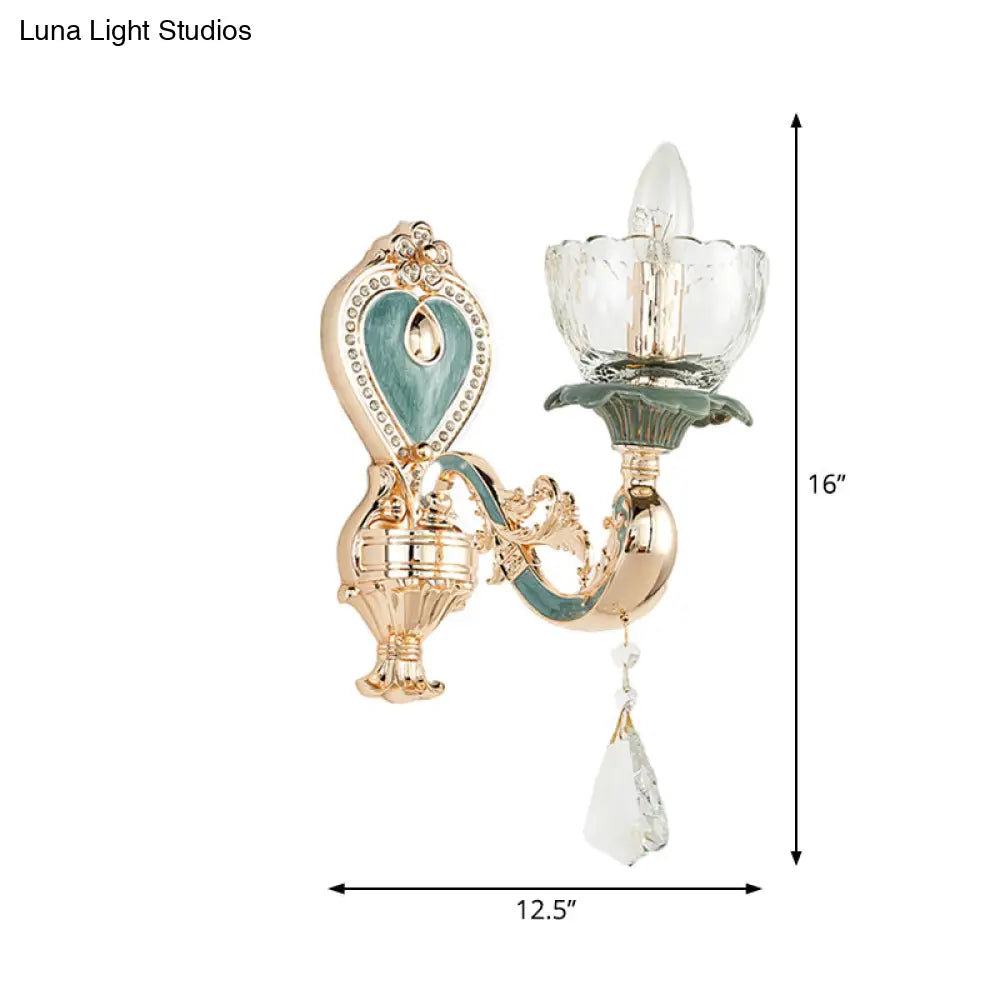 Traditional Blue And Gold Crystal Sconce Wall Light With Curved Arm