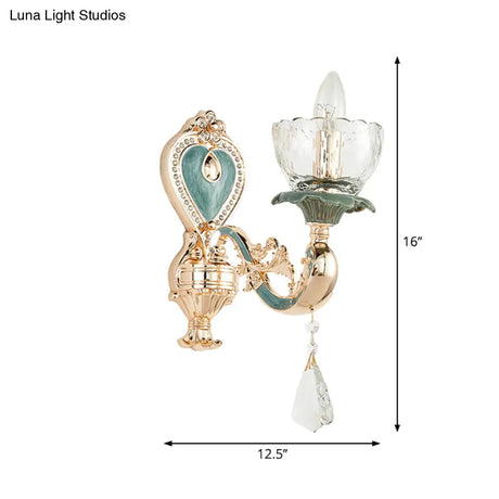 Traditional Blue And Gold Crystal Sconce Wall Light With Curved Arm