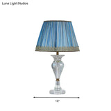 Traditional Blue Fabric Nightstand Lamp With Crystal Base - 1 Light Barrel Design