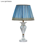 Traditional Blue Fabric Nightstand Lamp With Crystal Base - 1 Light Barrel Design