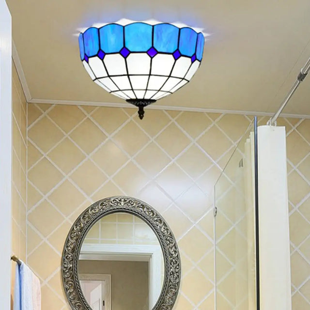 Traditional Blue/Yellow Stained Glass Shade Flush Mount Lamp - 2 Heads Ceiling Fixture For Bedroom