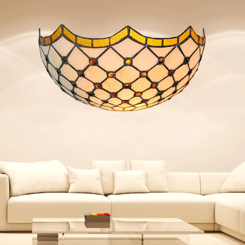 Traditional Bowl Wall Sconce Light With Jewelry Accents - 1 Bedroom Lighting Beige