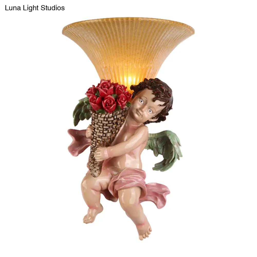 Traditional Boy Holding Rose Resin Wall Sconce Light With Fluted Glass Shade - Yellow
