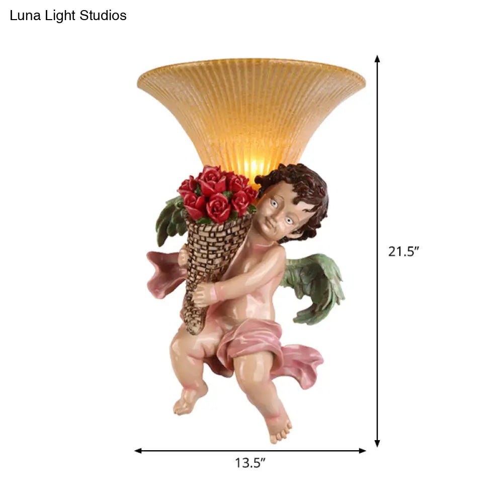 Traditional Boy Holding Rose Resin Wall Sconce Light With Fluted Glass Shade - Yellow