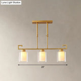 Traditional Brass 3-Light Island Lamp With Clear And Frosted Glass Cylindrical Suspension