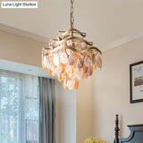 Traditional Brass 3-Tier Flower Ring Chandelier With Seashell Design Pink Shade