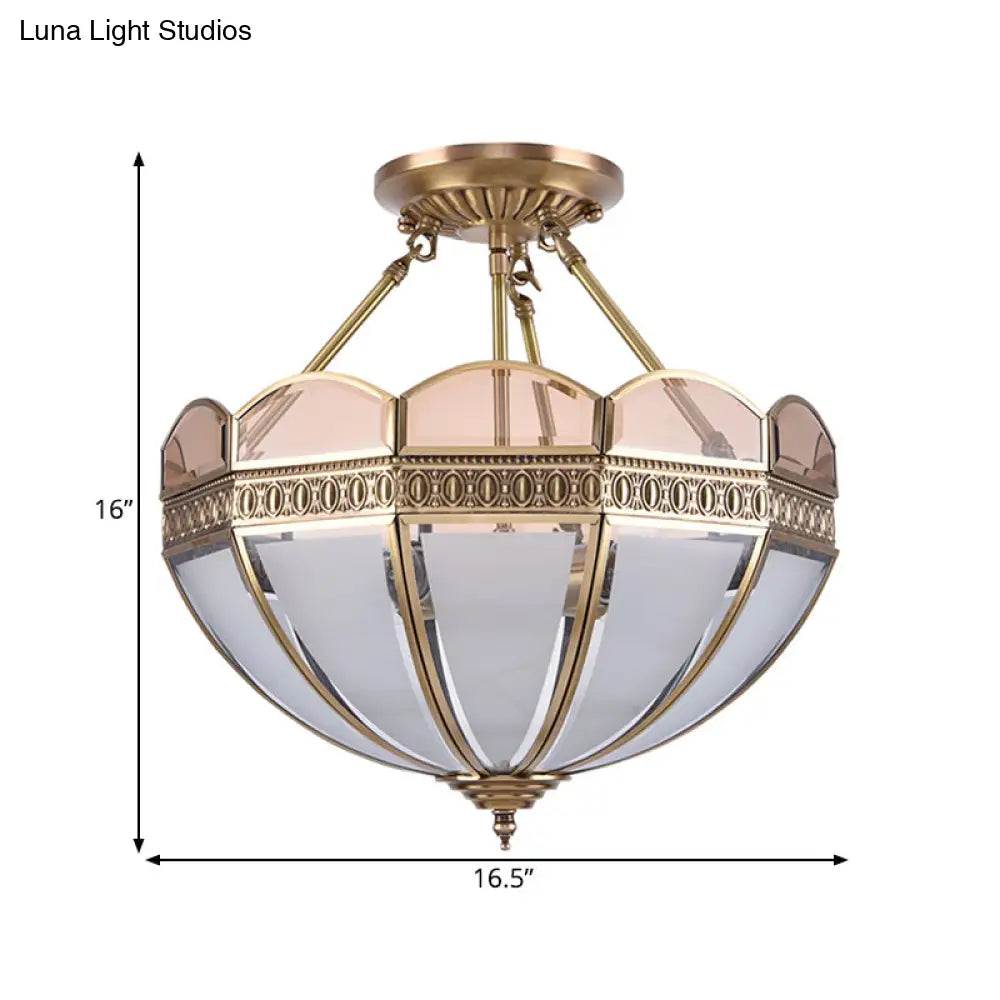 Traditional Brass 4 - Bulb Umbrella Semi Flush Mount Ceiling Light Fixture With Frosted Glass